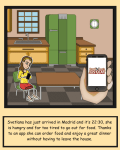 Cartoon describing the convenience of justeat food delivery app 